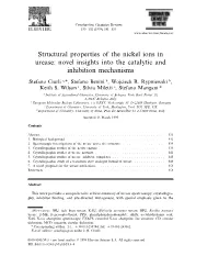 Structural Properties of the Nickel Ions in Urease: Novel Insights Into the Catalytic and Inhibition Mechanisms