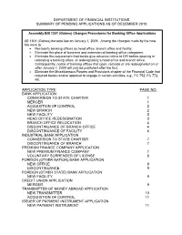 Department of Financial Institutions Summary of Pending Applications As of December 2010