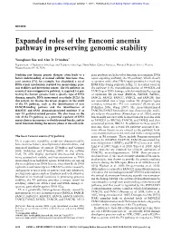Expanded Roles of the Fanconi Anemia Pathway in Preserving Genomic Stability