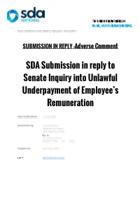 SDA Submission in Reply to Senate Inquiry Into Unlawful Underpayment of Employee's Remuneration