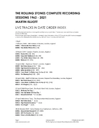 The Rolling Stones Complete Recording Sessions 1962 - 2021 Martin Elliott Live Tracks in Date Order Index