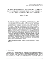 Racial Minority Immigrant Acculturation: Examining Filipino Settlement Experiences in Canada Utilizing a Community-Focused Acculturation Framework