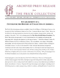 ARCHIVED PRESS RELEASE from the FRICK COLLECTION