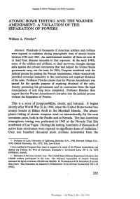 Atomic Bomb Testing and the Warner Amendment: a Violation of the Separation of Powers