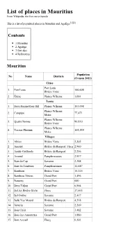 List of Places in Mauritius - Wikipedia, the Free Encyclopedia List of Places in Mauritius from Wikipedia, the Free Encyclopedia