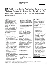IBM Websphere Studio Application Developer for Windows, Version 4.0 Helps Java Developers to Build, Test, and Deploy J2EE-Based E-Business Applications