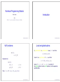 Nonlinear Programming Models Introduction NLP Problems Local