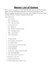 Master List of Games This Is a List of Every Game on a Fully Loaded SKG Retro Box, and Which System(S) They Appear On