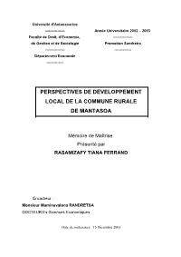 Perspectives De Developpement Local De La Commune Rurale De Mantasoa