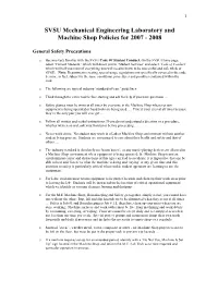 SVSU Mechanical Engineering Laboratory and Machine Shop Policies for 2007 - 2008