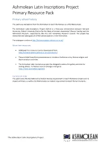 Ashmolean Latin Inscriptions Project Primary Resource Pack Primary School History