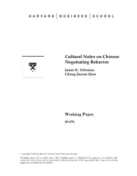 Cultural Notes on Chinese Negotiating Behavior Working Paper