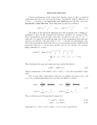 Hyperbolic Functions Certain Combinations of the Exponential