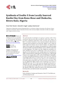 Synthesis of Zeolite X from Locally Sourced Kaolin Clay from Kono-Boue and Chokocho, Rivers State, Nigeria