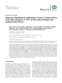 Epigenetic Modulation by Apabetalone Counters Cytokine-Driven Acute Phase Response in Vitro, in Mice and in Patients with Cardiovascular Disease