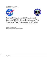 Relative Navigation Light Detection and Ranging (LIDAR) Sensor Development Test Objective (DTO) Performance Verification