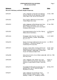 LONDON METROPOLITAN ARCHIVES WILLIS COLLECTION Q/WIL Page 1 Reference Description Dates Records of Holloway and North Islington