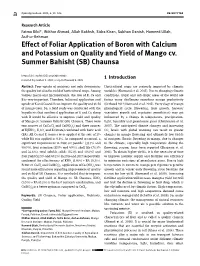 Effect of Foliar Application of Boron with Calcium and Potassium on Quality and Yield of Mango Cv