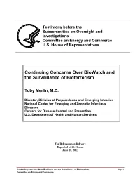 Continuing Concerns Over Biowatch and the Surveillance of Bioterrorism