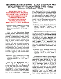 EARLY DISCOVERY and DEVELOPMENT of the MENOMINEE IRON RANGE [Compiled and Transcribed by William J