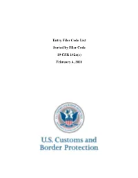 Entry Filer Code List Sorted by Filer Code 19 CFR 142A(C) February 4, 2021