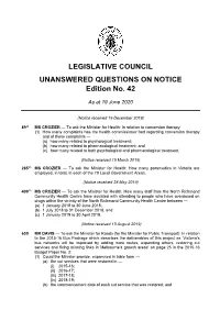 LEGISLATIVE COUNCIL UNANSWERED QUESTIONS on NOTICE Edition No