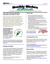Join in the Fun by Celebrating Recreation and Parks in June! Playground Safety Picnic Tips 2012 Big Bin Events Block Parties