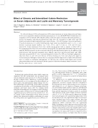 Effect of Chronic and Intermittent Calorie Restriction on Serum Adiponectin and Leptin and Mammary Tumorigenesis