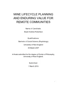 Mine Lifecycle Planning and Enduring Value for Remote Communities