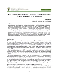 The Government of National Unity As a Transitional Power- Sharing Institution in Madagascar