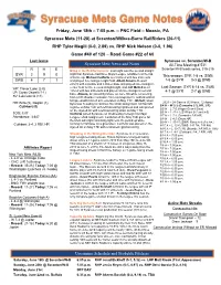 June 18Th Syracuse Mets Game Notes at Scranton:Wilkes-Barre