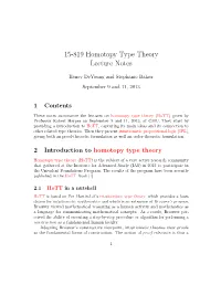 15-819 Homotopy Type Theory Lecture Notes