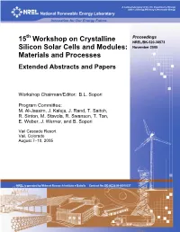 15Th Workshop on Crystalline Silicon Solar Cells and Modules: Materials and Processes