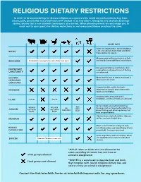 RELIGIOUS DIETARY RESTRICTIONS in Order to Be Accomodating for Diverse Religions As a General Rule, Avoid Any Pork Products (E.G