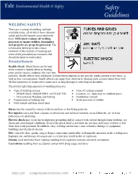 WELDING SAFETY There Are a Variety of Welding Methods Available Today, All of Which Have Inherent Safety and Health Hazards Associated with Them