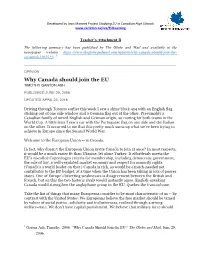 Why Canada Should Join the EU TIMOTHY GARTON ASH