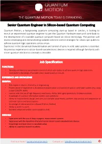 Senior Quantum Engineer in Silicon-Based Quantum Computing
