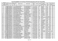 List of Candidates for the Post of Technical Assistant (J.E.) For
