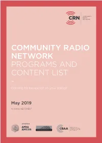 COMMUNITY RADIO NETWORK PROGRAMS and CONTENT LIST - Content for Broadcast on Your Station