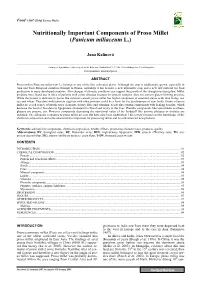 Nutritionally Important Components of Proso Millet (Panicum Miliaceum L.)