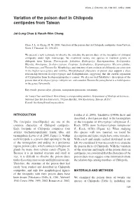 Variation of the Poison Duct in Chilopoda Centipedes from Taiwan