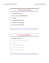Cryptocurrency Technologies Bitcoin and Anonymity 1