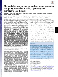 Electrostatics, Proton Sensor, and Networks Governing the Gating Transition in GLIC, a Proton-Gated Pentameric Ion Channel