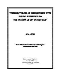 Three Divorces at One Instance with Special Reference to the Fatawa Of
