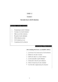 UNIT : I Lesson 1 Introduction to Job Evaluation