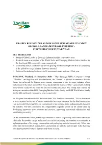 Thaibev Recognized As Dow Jones Sustainability Index Global Leader (Beverage Industry) for Third Consecutive Year