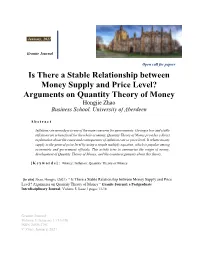 Is There a Stable Relationship Between Money Supply and Price Level? Arguments on Quantity Theory of Money Hongjie Zhao Business School, University of Aberdeen