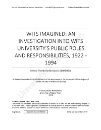 An Investigation Into Wits University's Public Roles and Responsibilities, 1922