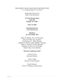 THE NORTH CAROLINA BOARD of ARCHITECTURE 21St Combined Edition (11/01/2017)