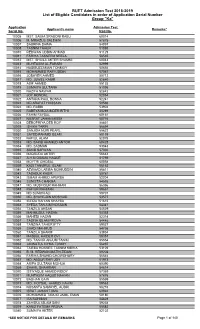 BUET Admission Test 2018-2019 List of Eligible Candidates in Order of Application Serial Number Group "Ka"